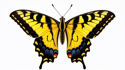 Obraz premium A western tiger swallowtail butterfly with vibrant yellow and black wings, featuring blue and red accents on the lower wings.