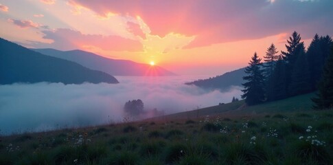 Fototapeta premium Softly glowing mist envelops a serene landscape at dusk, atmosphere, misty,