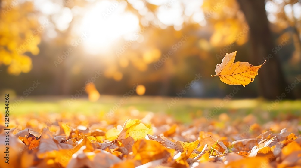 Poster golden autumn leaves falling in sunlight creating a beautiful fall scene : generative ai