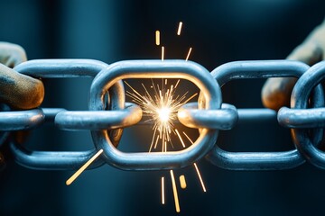 Welding metal chain links with sparks.