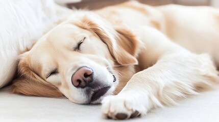 Golden Retriever Dog Sleeping Peacefully on Cozy Sofa with Soft Lighting : Generative AI