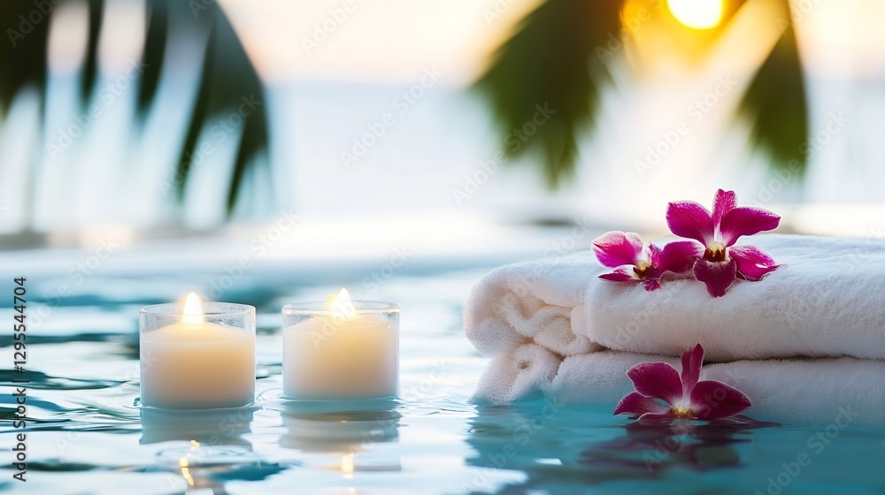 Poster relaxing spa ambiance with candles and towels by the pool at sunset for ultimate calm : generative a