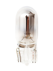 A small, clear light bulb with a silver base