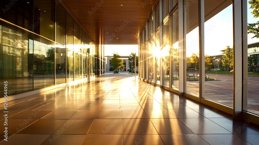 Aufkleber radiant sunlight streaming through modern architecture in a spacious hallway : generative ai