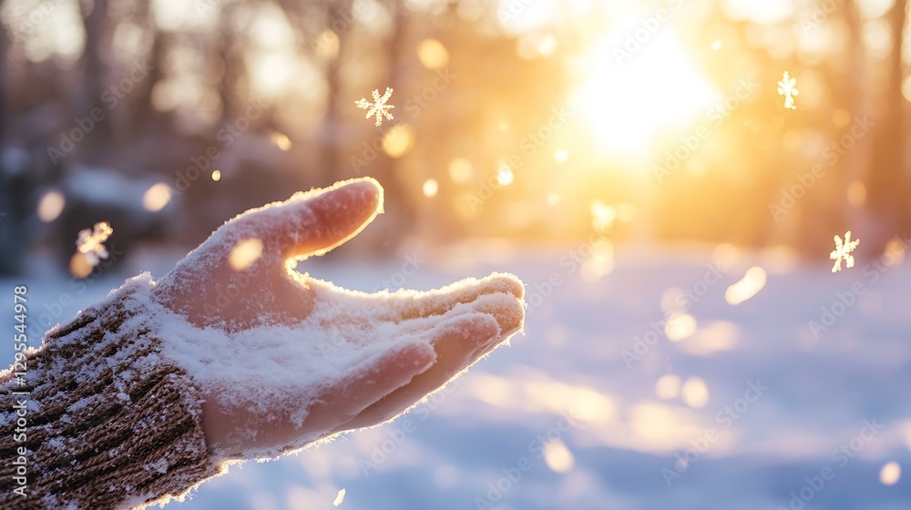 Aufkleber hand reaching out to catch sparkling snowflakes with a beautiful winter sunset in background : gener