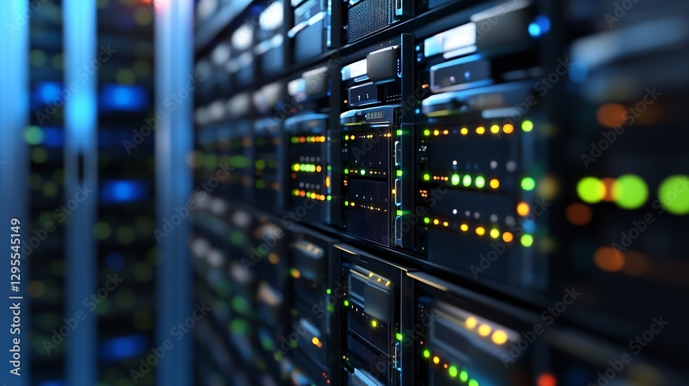 Poster High-Tech Server Room with Colorful Light Indicators and Data Storage Units : Generative AI