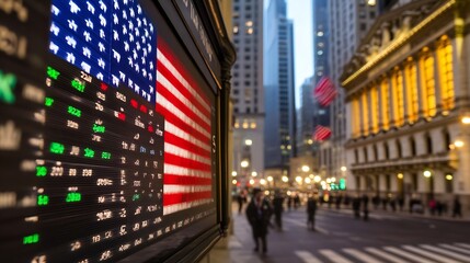 Dynamic view of bustling city street featuring American flag and illuminated financial stock market display : Generative AI