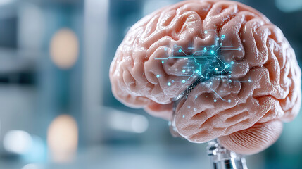 human brain model with digital neural network overlay, symbolizing fusion of human intelligence and artificial neural networks