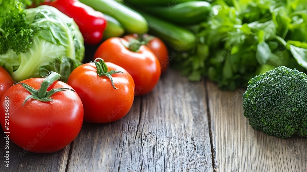 Poster fresh vegetables including tomatoes and greens arranged beautifully on a rustic table : generative a