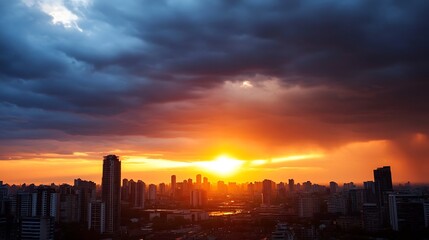 Fototapeta premium Dramatic Sunset Over Urban City Skyline with Silhouetted Buildings and Dark Clouds : Generative AI