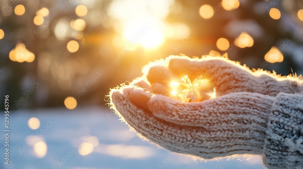 Poster holding glittering snowflakes in hands with sunlight background during winter day : generative ai