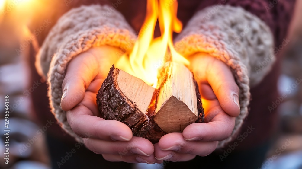 Poster Hands holding glowing logs with flames emphasizing warmth and comfort in a rustic setting : Generative AI
