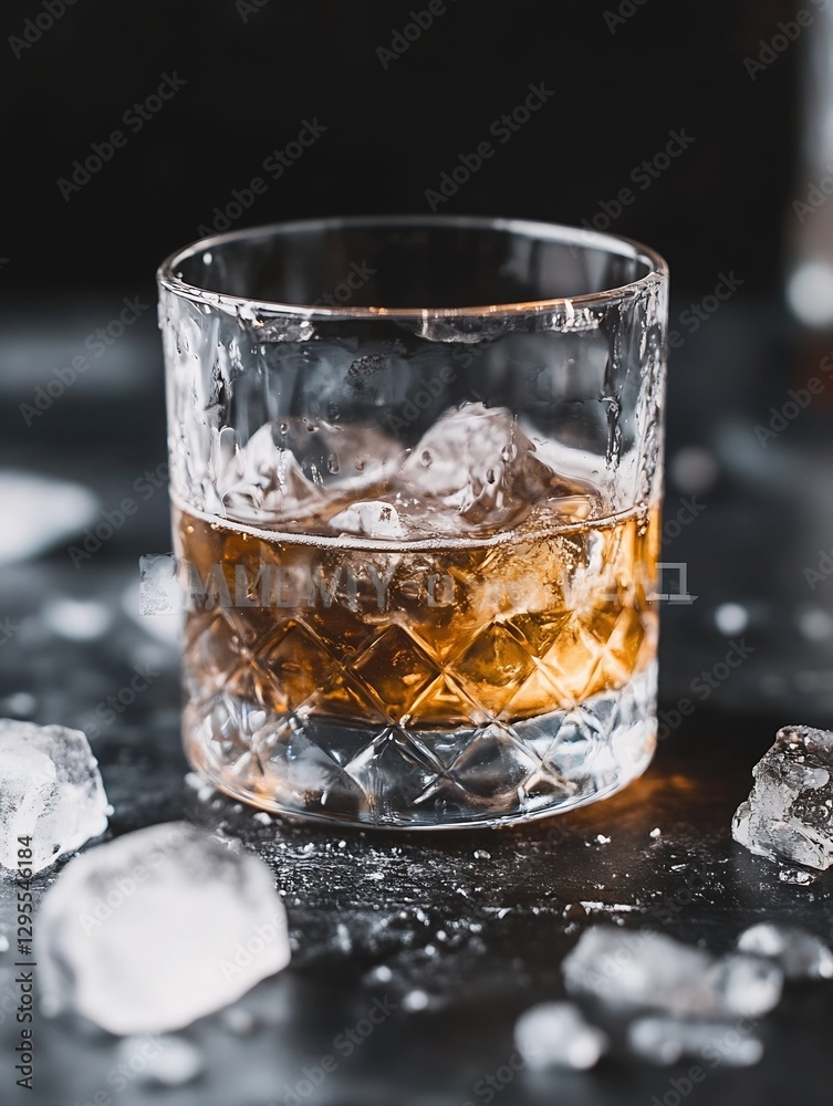 Poster Whiskey served on the rocks in an elegant glass with ice surrounded by a dark background for a sophisticated drink experience : Generative AI