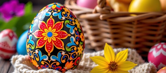 Ornate Floral Painted Easter Egg with Basket and Yellow Flower