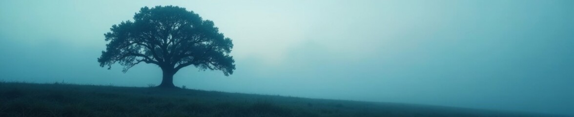 Enigmatic tree silhouette, thick fog obscures details, atmospheric, uncanny