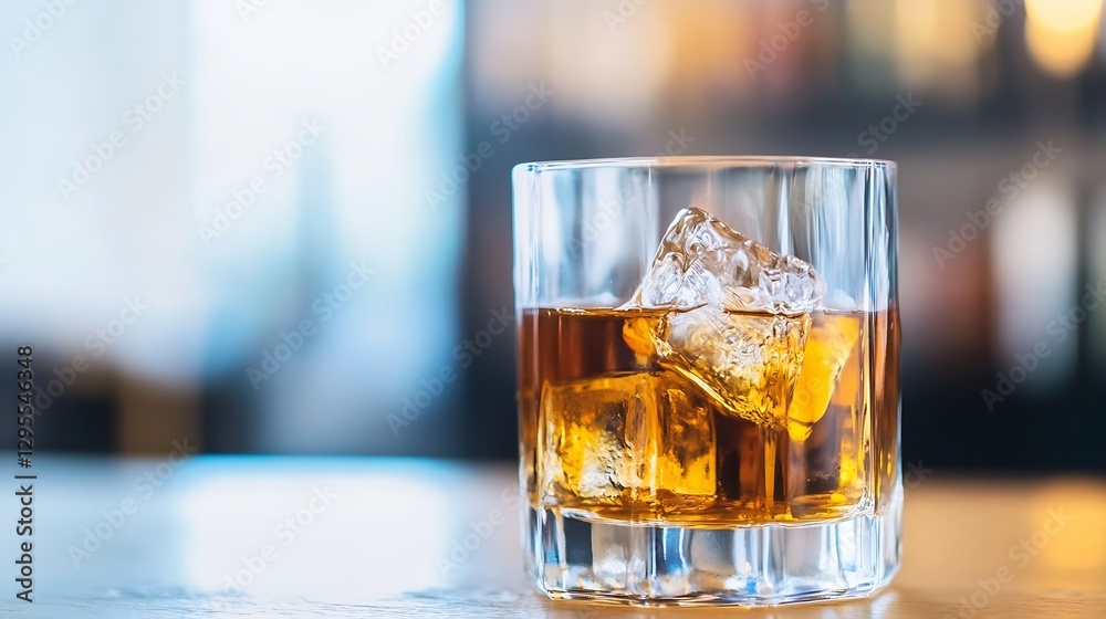 Poster Whiskey Glass with Ice Cubes on Bar Counter in Soft Light Background : Generative AI