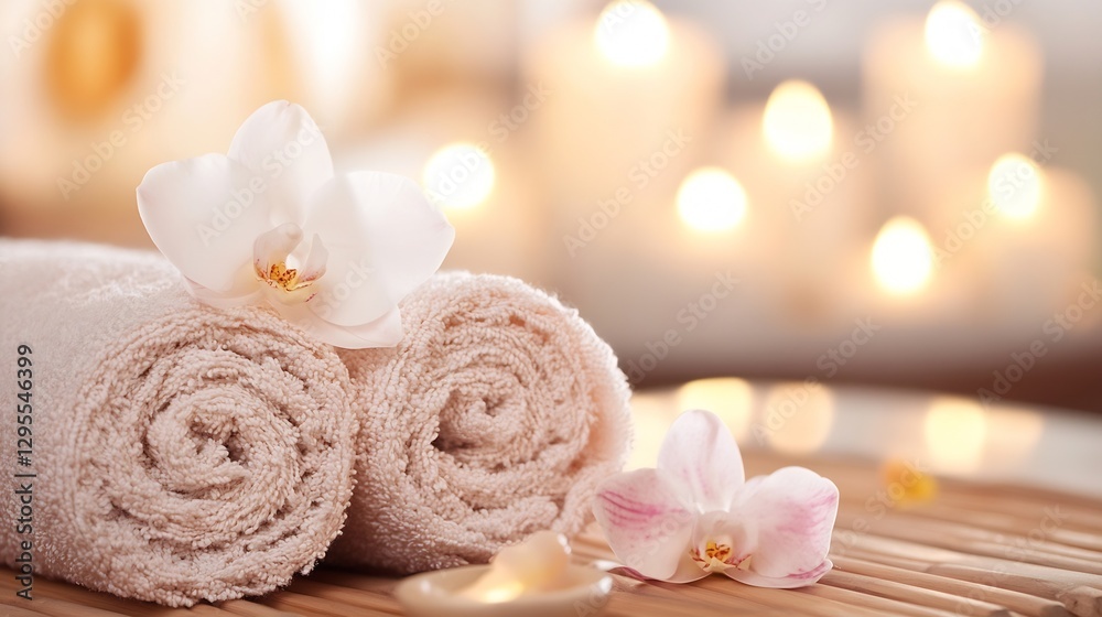 Aufkleber Luxurious spa setting with candles towels and orchids for a soothing and tranquil experience : Generative AI