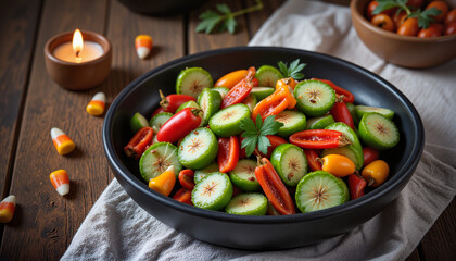 Minimalistic bowl of roasted nopal cactus and bell peppers, Halloween decoration with candle and candy corn
