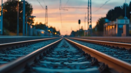 Fototapeta premium Dynamic Urban Railway Perspective Showcasing Tracks Leading Toward Vibrant Sunset Skies : Generative AI