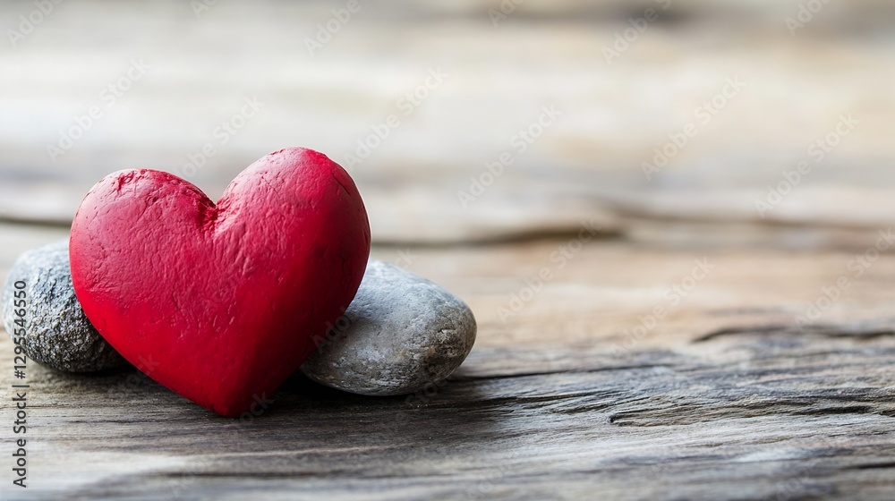Poster symbol of love with a red heart stone on a rustic wooden surface : generative ai