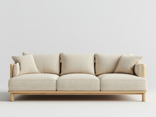 Minimalist three seater sofa with beige fabric upholstery and wooden frame in a bright studio setting