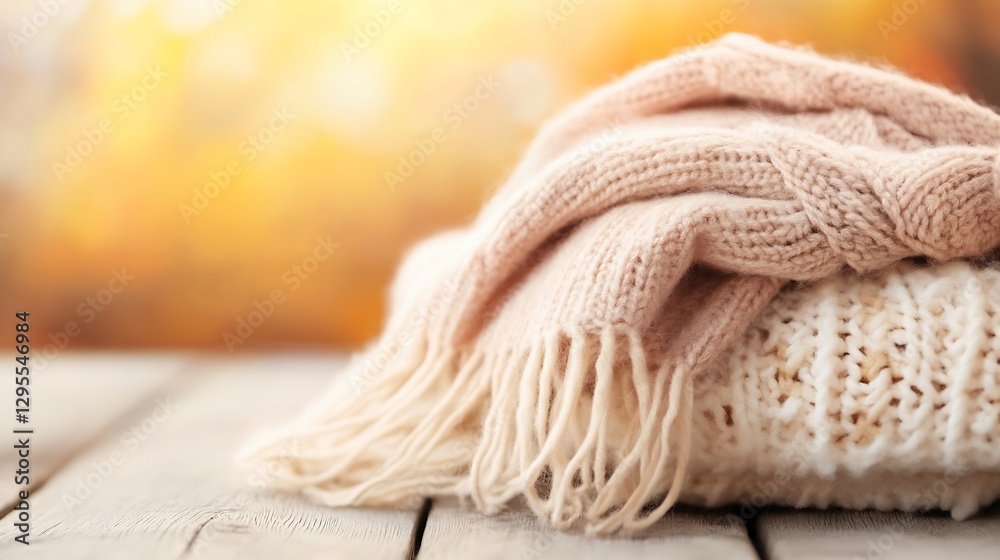 Poster Folded knitted scarf on a rustic wooden surface with soft sunlight illuminating its texture and colors : Generative AI