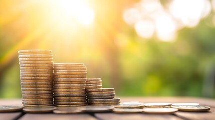 Stacks of Coins in Sunshine Representing Wealth and Savings : Generative AI