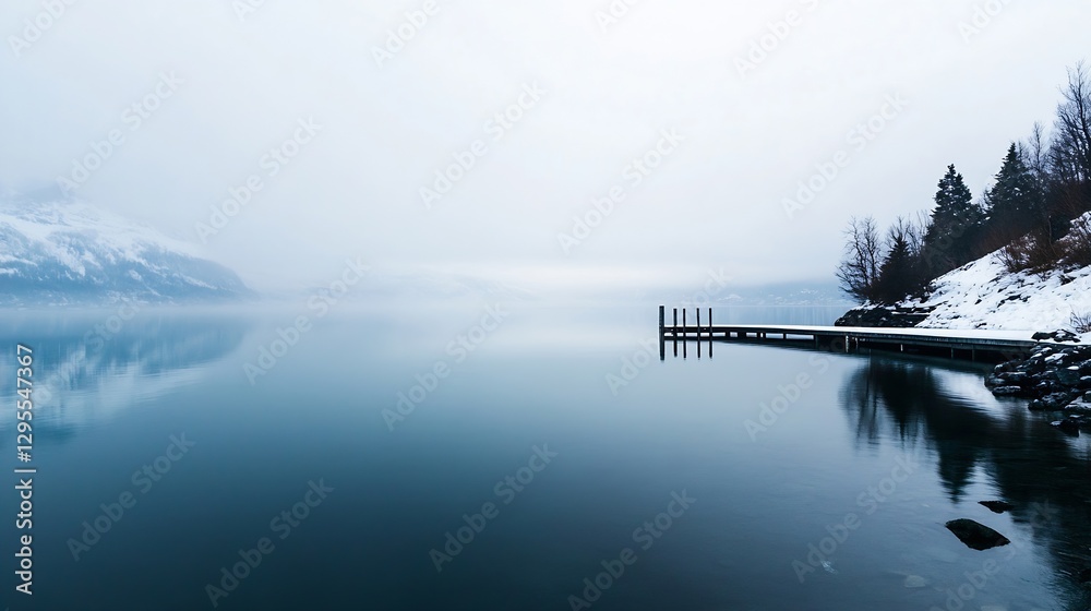 Poster misty calm lake surrounded by snowcapped mountains and reflections on the still water : generative a