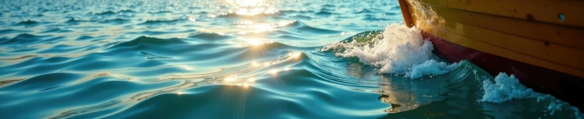 Fototapeta premium Gentle lapping of water against the boat's hull, ripples, sunlight, water