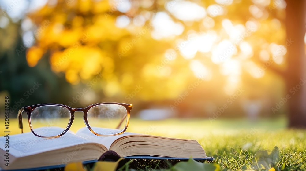 Poster open book with glasses resting on a grass lawn illuminated by warm sunlight during autumn : generati