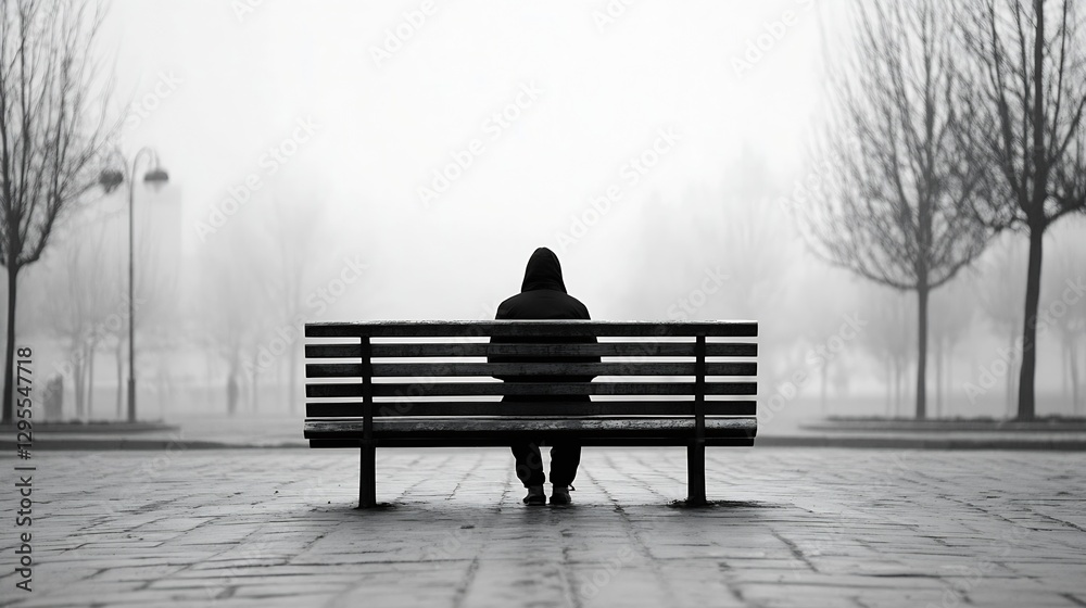 Poster A solitary person seated on a park bench in foggy weather creating an atmosphere of reflection : Generative AI