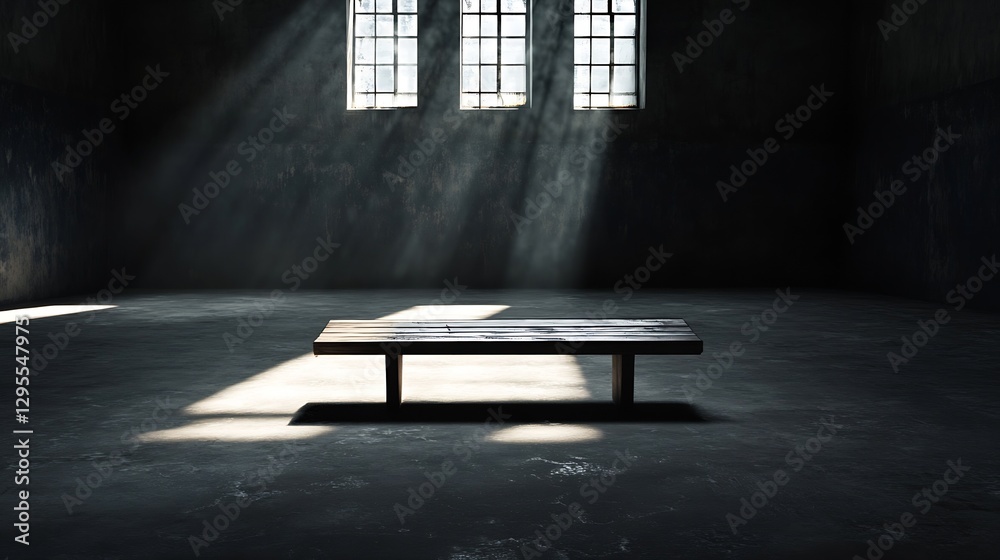 Poster mysterious and quiet shadowy room featuring a solitary wooden table illuminated by sunlight : genera