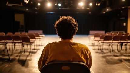 Obraz premium Young Person Watching a Stage with Bright Lights in an Empty Theatre Prior to a Performance : Generative AI