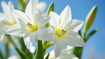 Fototapeta premium Two white delphinium flowers in full bloom against a clear blue sky