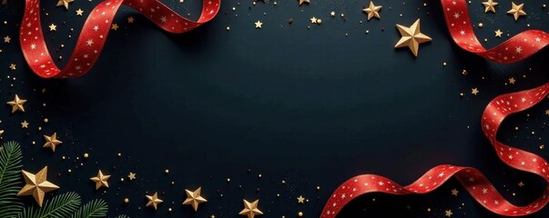 Swirl ribbons and stars in festive winter arrangement on black background, christmas, winter, background