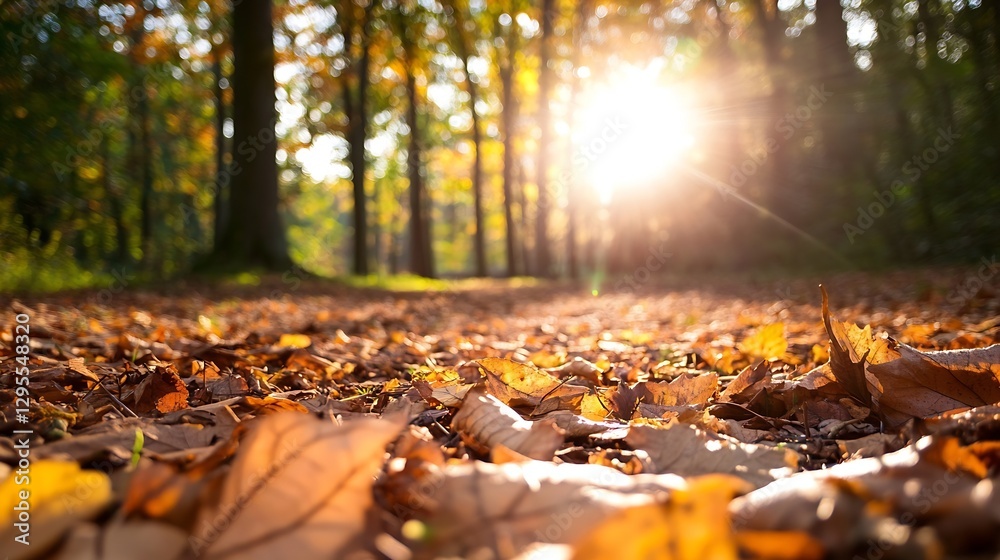 Poster Serene autumn forest view with golden leaves illuminated by soft sunlight rays : Generative AI