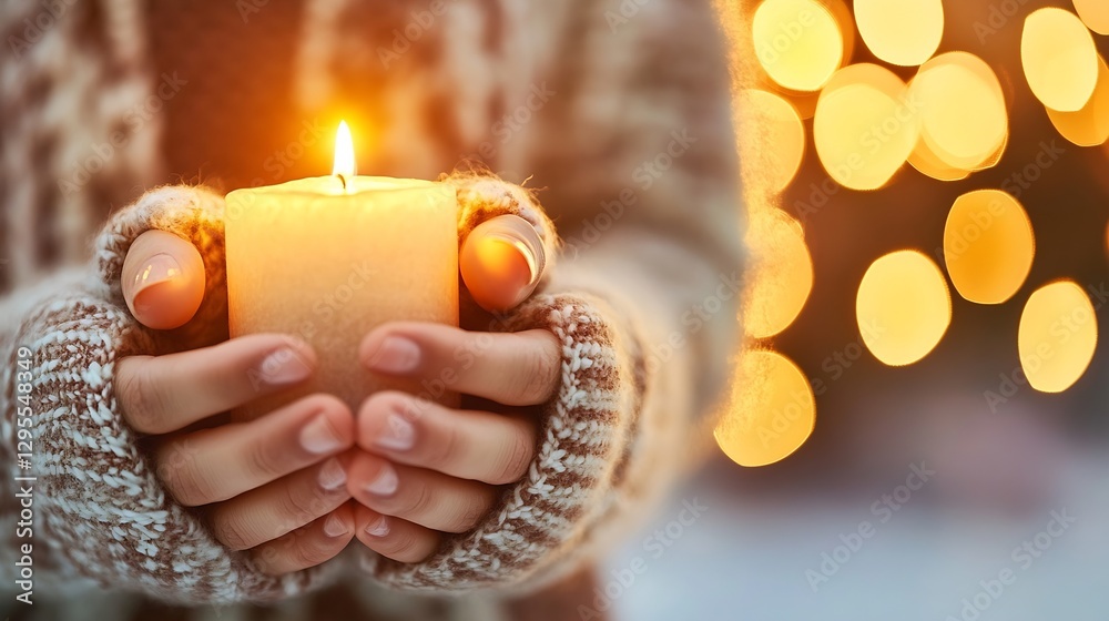 Poster warmth and glow of a candle held by cozy hands in a festive atmosphere : generative ai