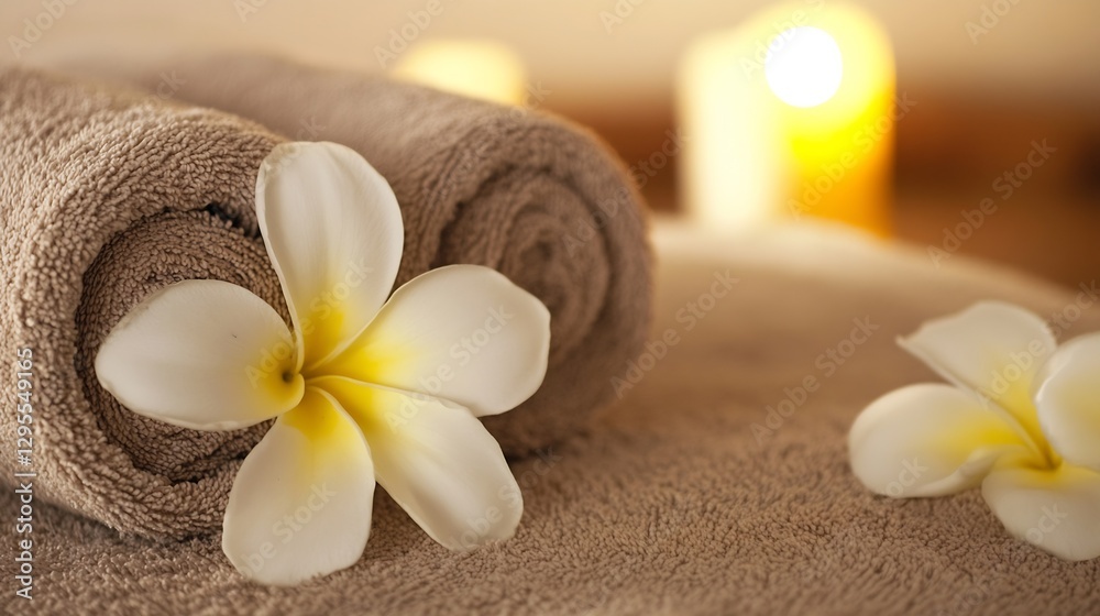 Poster Relaxing Spa Setup with Rolled Towels and Fragrant Flowers for Serenity and Comfort : Generative AI
