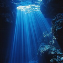 Obraz premium Ethereal underwater cave scene with sun rays piercing through the ocean surface creating a serene and magical atmosphere in the deep blue sea
