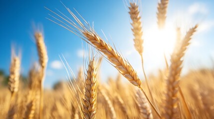 Obraz premium Golden wheat field under a vibrant blue sky during harvest season : Generative AI