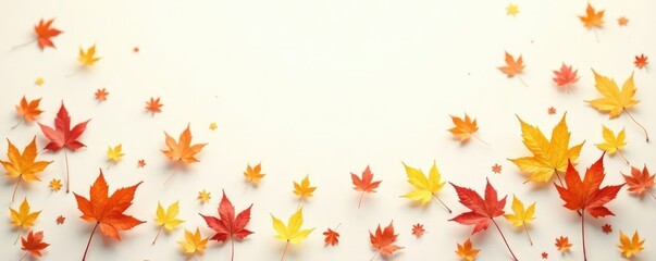 Golden hues of autumn leaves fall gently on a white background, white background, peaceful, autumn colors