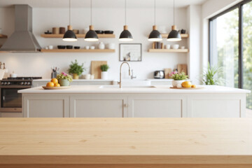 wooden table in front of a kitchen with a blurred background