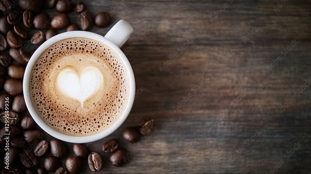 Aufkleber a cozy cup of coffee with a heart shaped foam art resting on a wooden table with coffee beans around