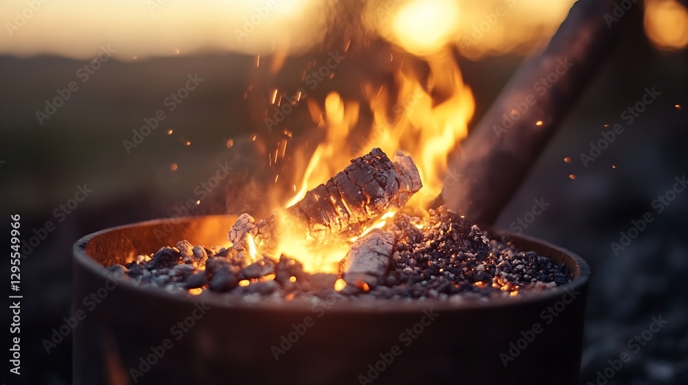 Fototapete Glowing Embering Firewood and Sparkling Ashes with Flames Flickering in a Dark Backdrop : Generative AI