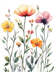 Fototapeta premium Watercolor floral arrangement on white backdrop vibrant petals and delicate leaves artistic botanical illustration soft light and airy composition