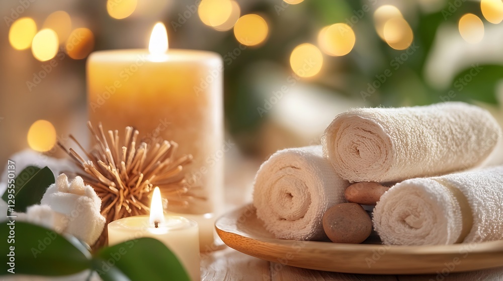 Poster Cozy Spa Essentials with Candles and Rolled Towels Creating Relaxing Ambience : Generative AI