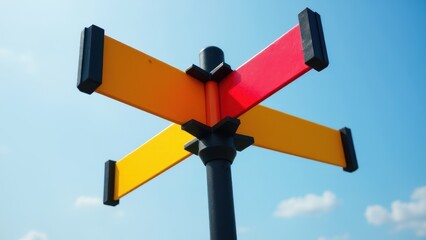 Colorful wind signs against a clear blue sky, featuring red and yellow directional arrows.