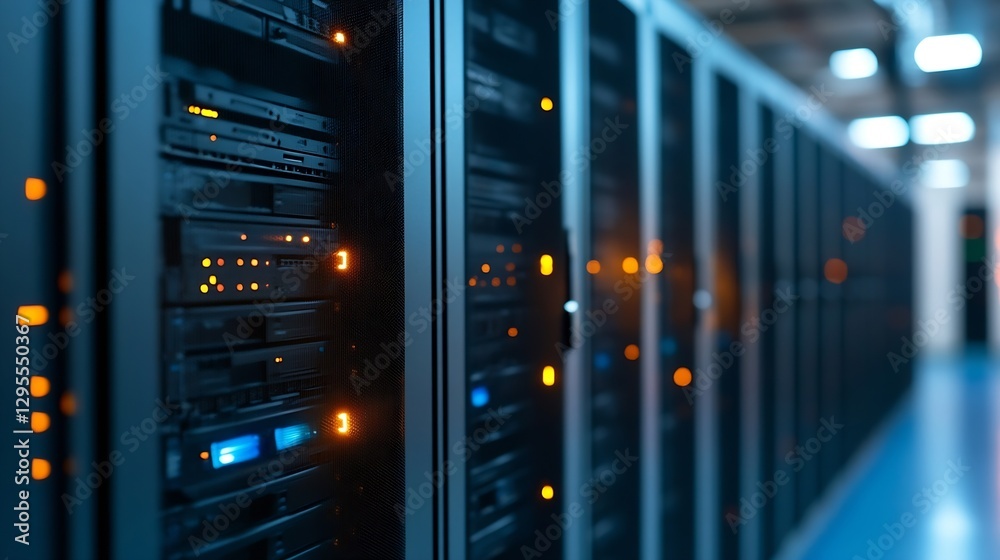 Aufkleber Data Center with Server Racks and Bright LED Indicators Illuminating the Environment : Generative AI