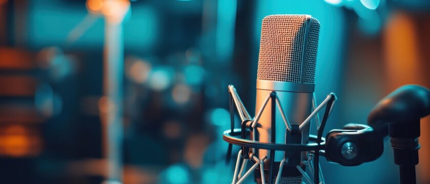 Studio microphone under vibrant teal and orange lighting capturing professional audio recording equipment for music production and broadcasting in a modern setting