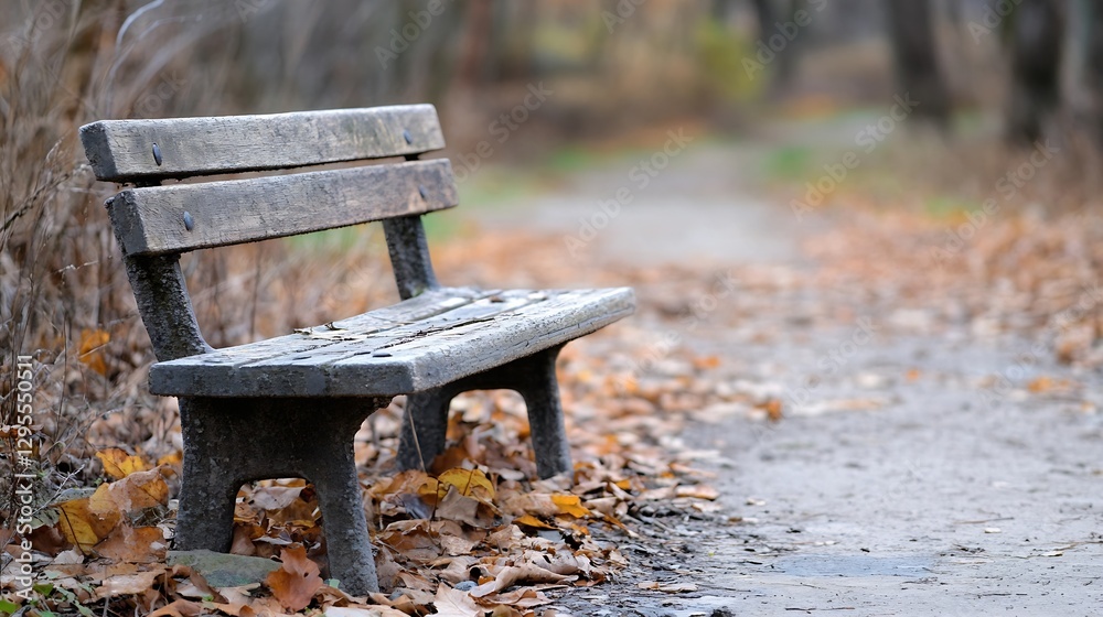 Poster Concrete bench along a leafcovered path in an inviting park setting during fall : Generative AI